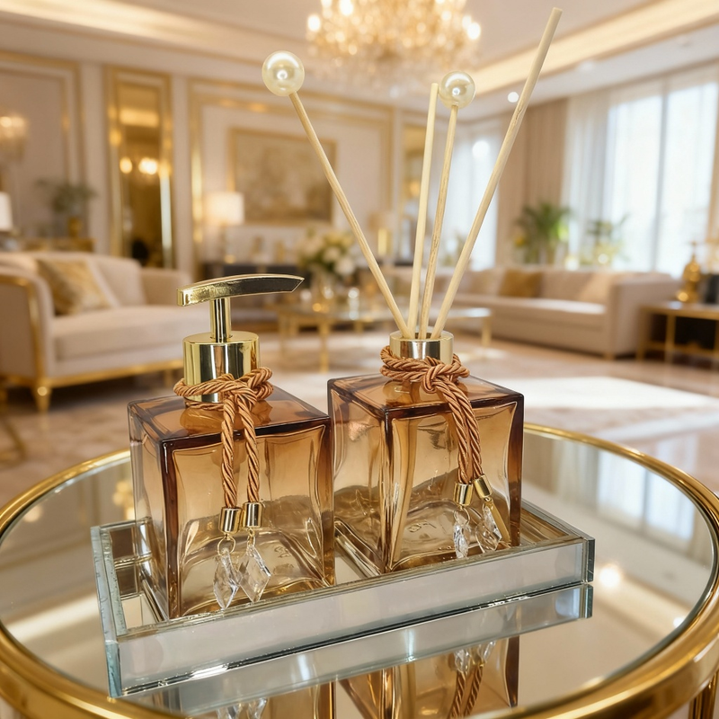 Kit Lavabo Vidro 250 ml Completo Luxo Com Bandeja Promoção Decorativo Ambar Banheiro Presente Chique